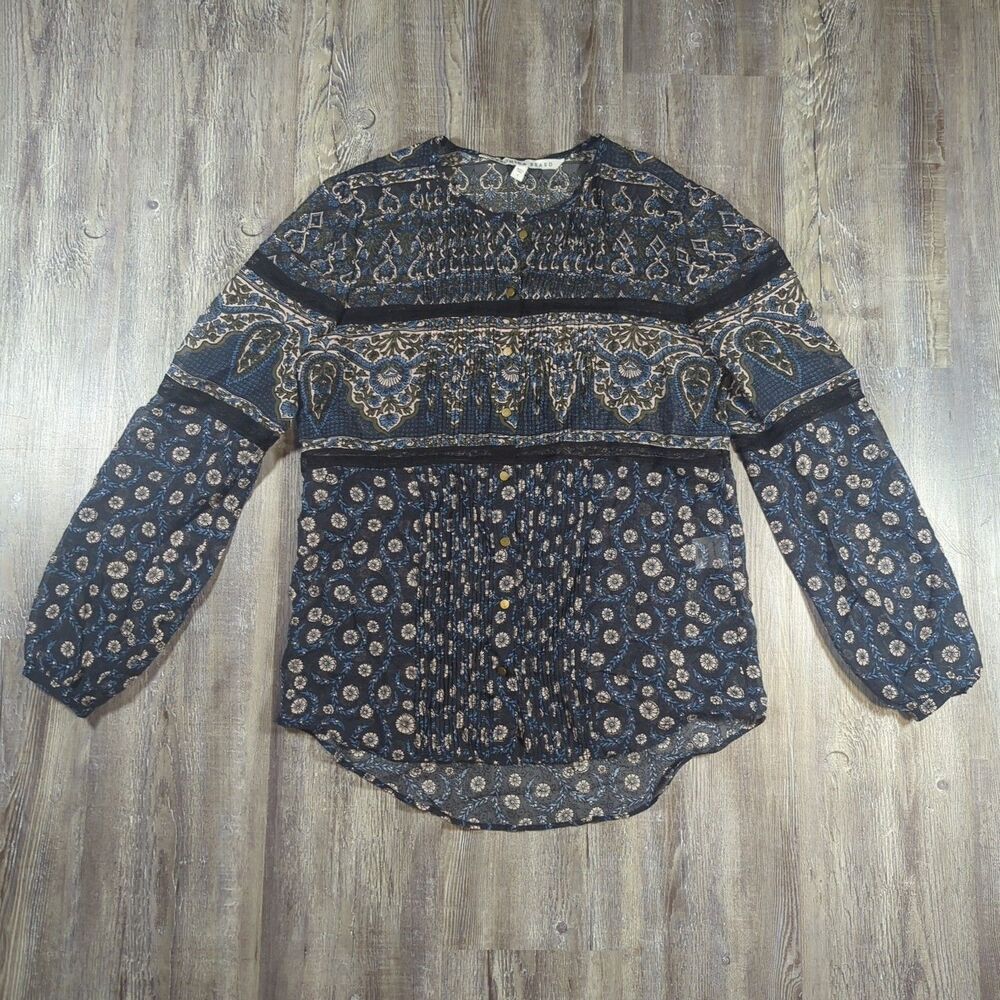 VERONICA BEARD Size 4 Button Front 100% Silk Sheer Floral Long Sleeve Boho